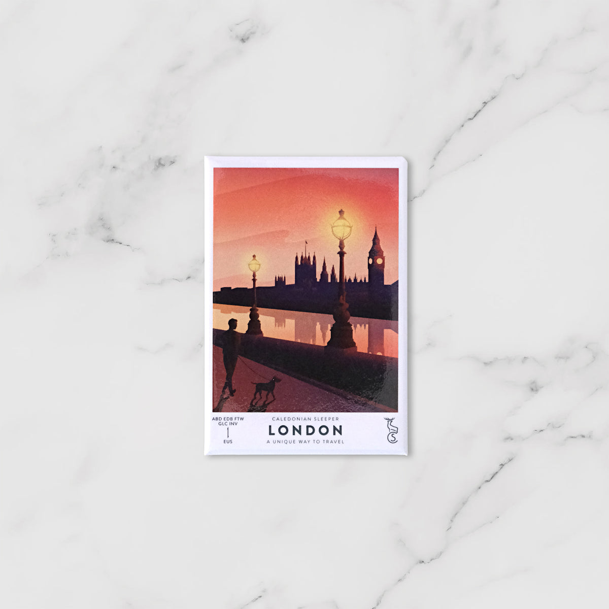 Caledonian Sleeper vintage artwork fridge magnet for London, featuring a sunset scene with the Big Ben and Houses of Parliament silhouetted against a pink and orange sky