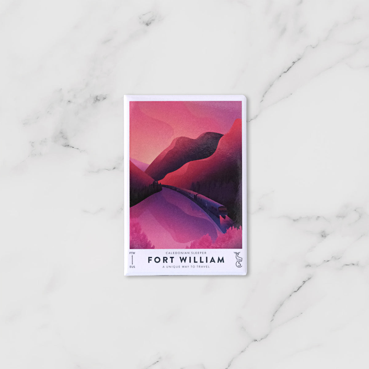 Caledonian Sleeper Fort William vintage fridge magnet featuring a a landscape illustration in shades of pink, purple, and magenta portraying the mountain landscape around the destination