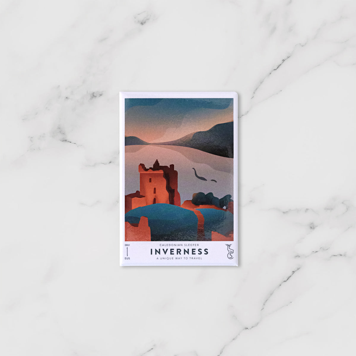 A Caledonian Sleeper vintage fridge magnet featuring a stylised illustration of a castle and Loch Ness, Inverness, Scotland. 